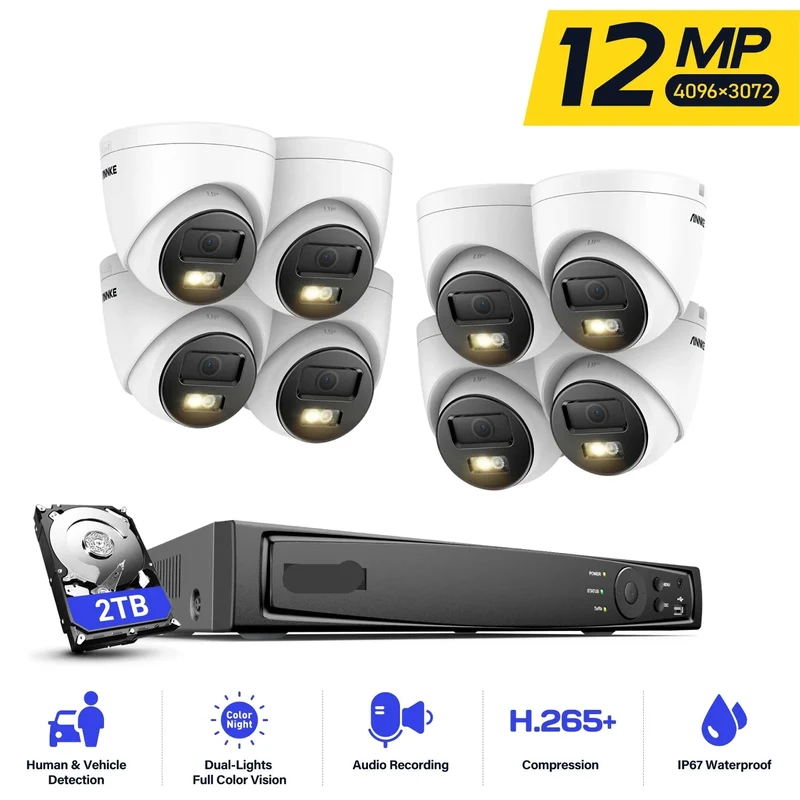 Beveiligingscamerasysteem - Camerabewaking - Beveiligingscamera - met Nachtzicht - 12MP - 8 PoE Camera's en NVR - 4K HDMI - Tweeweg Audio - Bewegingsdetectie - Ingebouwde HDD: Geen