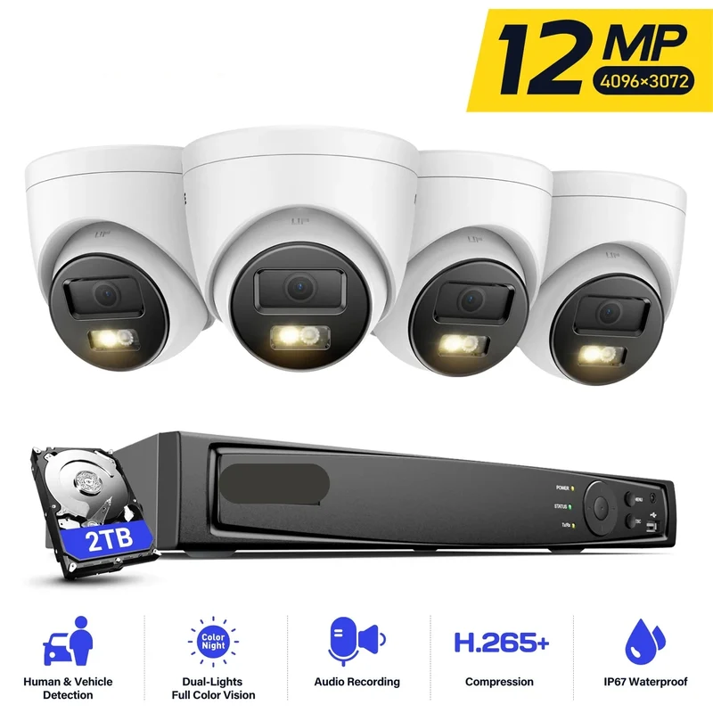 Beveiligingscamerasysteem - CCTV Camerasysteem - Beveiligingscamera - Camerabewaking - met Nachtzicht - 12MP - 8 PoE Camera's en NVR - 4K HDMI - Audio - Bewegingsdetectie - Ingebouwde HDD: 2TB