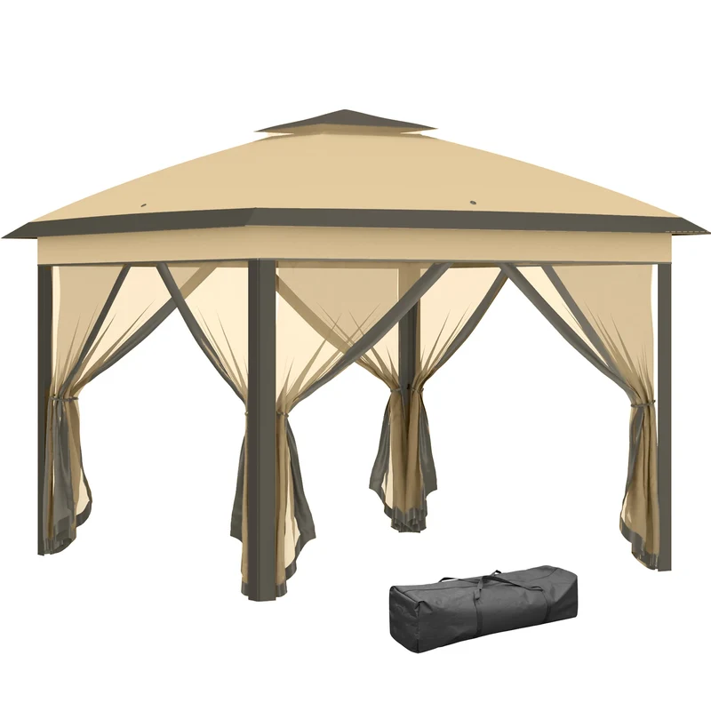 Paviljoen - Tuinpaviljoen - Partytent - Tuintent - Pop-up Kliksysteem - Stabiel - Vouwtent - met Mesh Cover - Draagtas - Opvouwbaar - Waterdicht - Winterbestendig - 50+UV-Bescherming - voor Tuin - Buiten - Achtertuin - 330 x 330 x 288 cm - Beige
