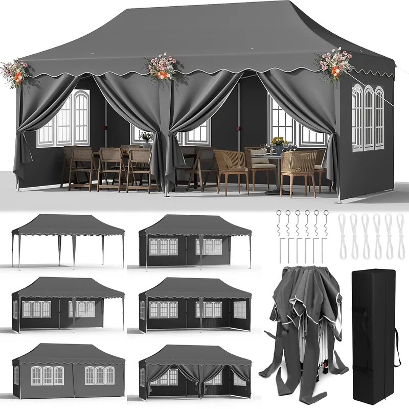 Paviljoen - Tuinpaviljoen - Partytent - Tuintent - Pop-up Kliksysteem - Stabiel - Vouwtent - Opvouwbaar - met 6 Zijpanelen - Waterdicht - Winterbestendig - 50+UV-Bescherming - voor Tuin - Buiten - Achtertuin - Oxford fabric - 3 x 6 m - Donkergrijs
