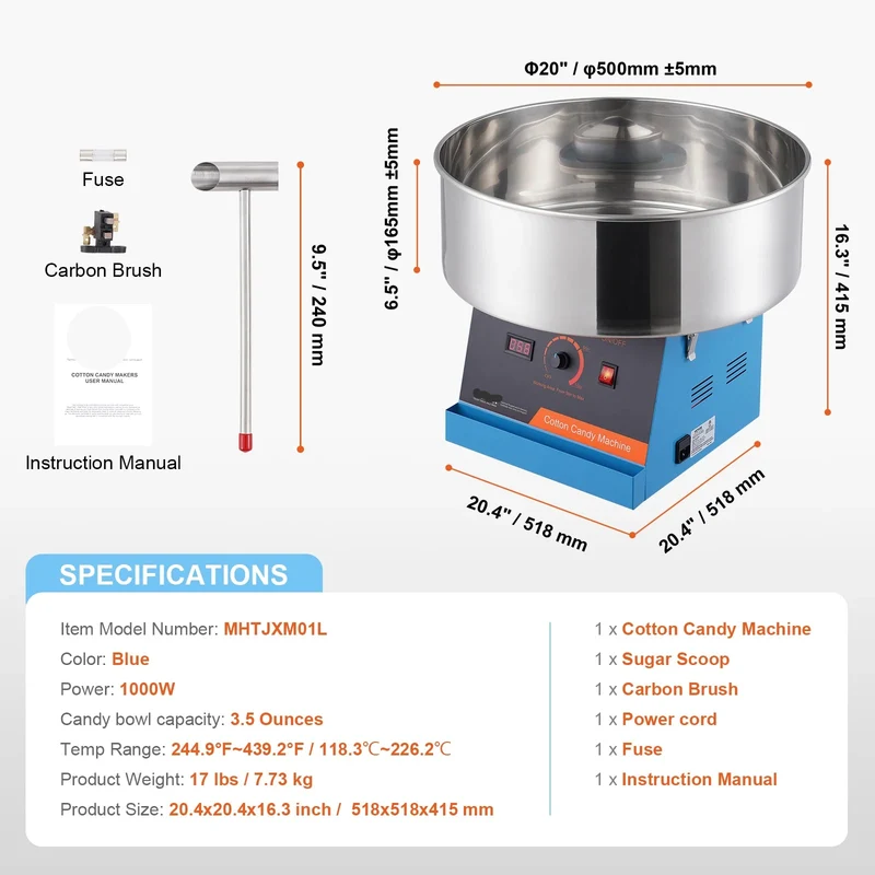 Suikerspinmachine Elektrisch - Suikerspinmachines - Mini Suikerspin - Suikerspinmaker - 1000W - RVS Kom - Instelbare Temperatuur - Suikerschep Inclusief – Voor Feest - Kermis & Evenementen - Blauw