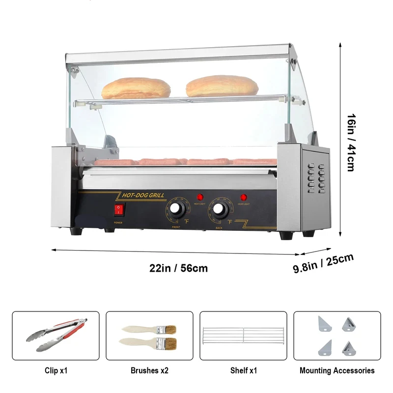 Hotdog Grill Machine - Hotdog Grill - Hotdogroller - 5 RVS Rollen - 750W - Elektrische Grill - met Deksel - Twee Temperatuurregelaars - Spatwand en plank - voor Keuken - en Feestjes - Capaciteit 12 Stuks