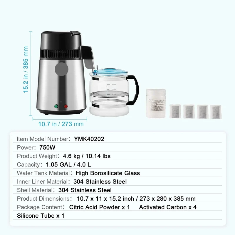 Waterdestilleerder - Water Destilleerapparaat - Automatische Distilleerder - Destilleerapparaat - Zuiver Water Maken - 4L - 750W - 220V - met Koolstoffilter - Ideaal voor Thuisgebruik - Zilver
