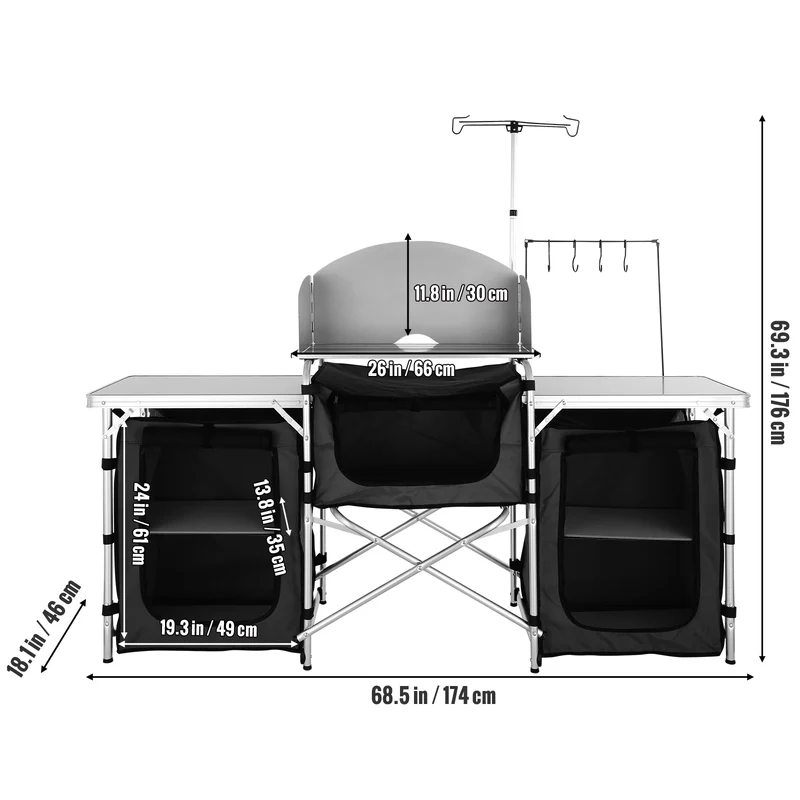 Camping Keukentafel - Camping Keuken - Kampeerkeuken - Buiten Keukentafel - Klaptafel - met Opbergkast - Kookstation - Aluminium Frame - met Opbergkast - voor BBQ - Picknick - Camping - Zwart