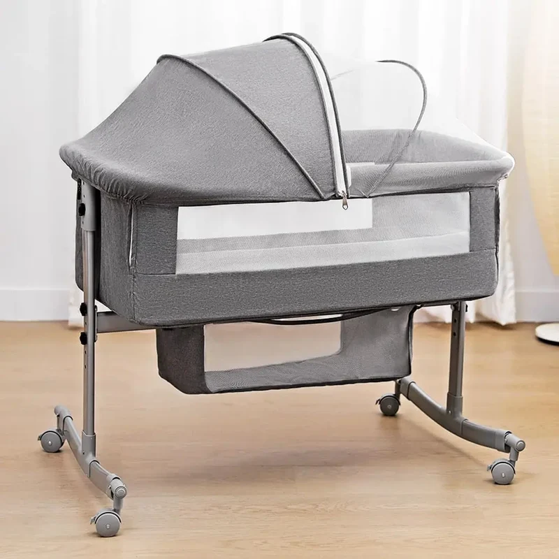 Elektrisch Babybed - Babybed - Babybedje - Wieg - Ledikant - Schommelbed - 3-in-1 - Verstelbare Hoogte - met Muskietennet -Wielen - App-besturing - Afstandsbediening - Grijs - Deluxe Editie