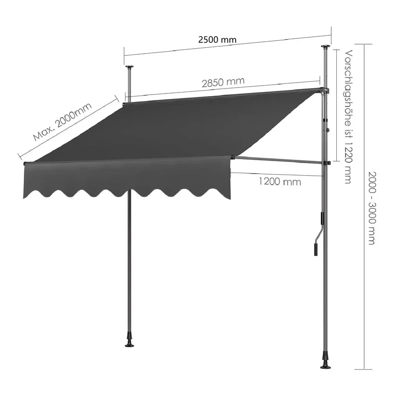 Klemluifel - Zonneluifel - Balkonluifel - Terras-luifel - UV- en Waterbestendig - Aluminium Frame - Handzwengel - Buiten - 250x120 cm - voor Balkon - Tuin - en Terras - Grijs