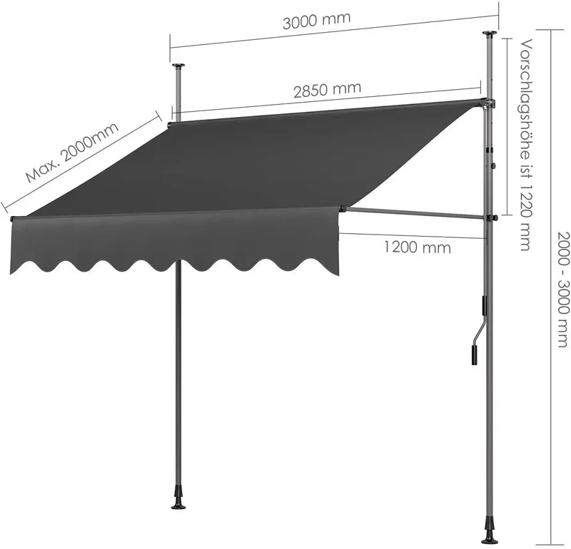 Klemluifel - Zonneluifel - Balkonluifel - Terras-luifel - UV- en Waterbestendig - Aluminium Frame - Handzwengel - Buiten - 300x120 cm - voor Balkon - Tuin - en Terras - Grijs