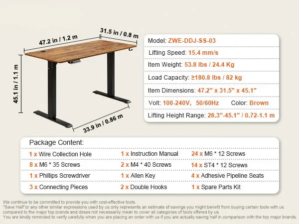 Zit-Sta Bureau - Bureautafel - Computer Tafel - Laptoptafel - Elektrisch - Hoogteverstelbaar - 47.2x31.5inch - voor Gaming en Thuiskantoor - 85kg Draagcapaciteit - Bruin