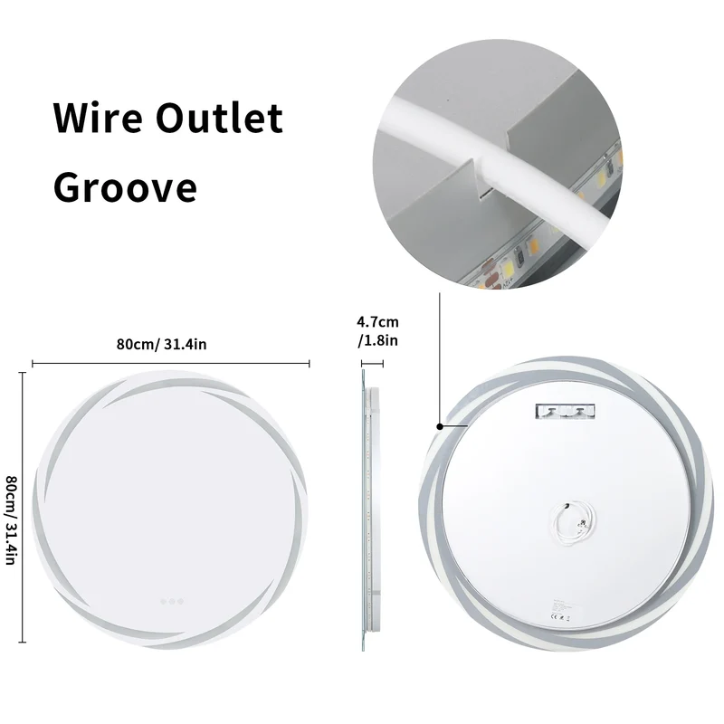 Badkamerspiegel - met LED - Wandspiegel Rond - Badkamerspiegel met Verlichting - Anti-condens - Dimbaar - Backlit - 3 Lichtkleuren - Touchscreen - IP56 Waterdicht - Draaduitgangsgroef - 80x80cm