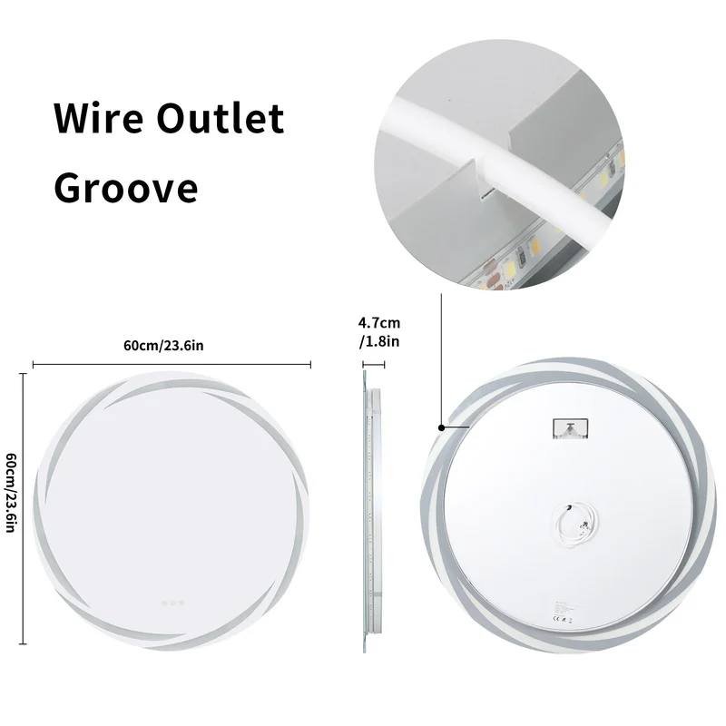 Badkamerspiegel - met LED - Wandspiegel Rond - Badkamerspiegel met Verlichting - Anti-condens - Dimbaar - Backlit - 3 Lichtkleuren - Touchscreen - IP56 Waterdicht - Draaduitgangsgroef - 60x60cm