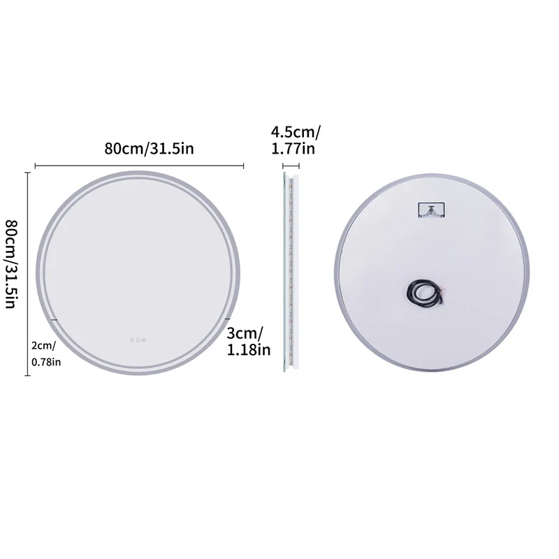 Badkamerspiegel - met LED - Wandspiegel Rond - Badkamerspiegel met Verlichting - Anti-condens - Dimbaar - Backlit - 3 Lichtkleuren - Touchschakelaar - IP44 Waterdicht - 80x80cm