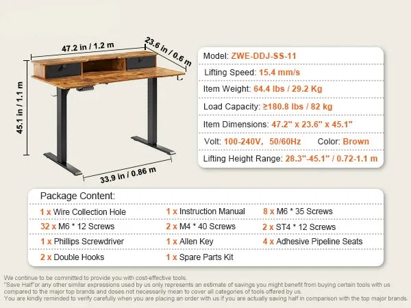 Zit-Sta Bureau - Bureautafel - Computer Tafel - Laptoptafel - Elektrisch - Hoogteverstelbaar - 47.2x23.6inch - met Planken - voor Gaming en Thuiskantoor - 85kg Draagcapaciteit - Bruin
