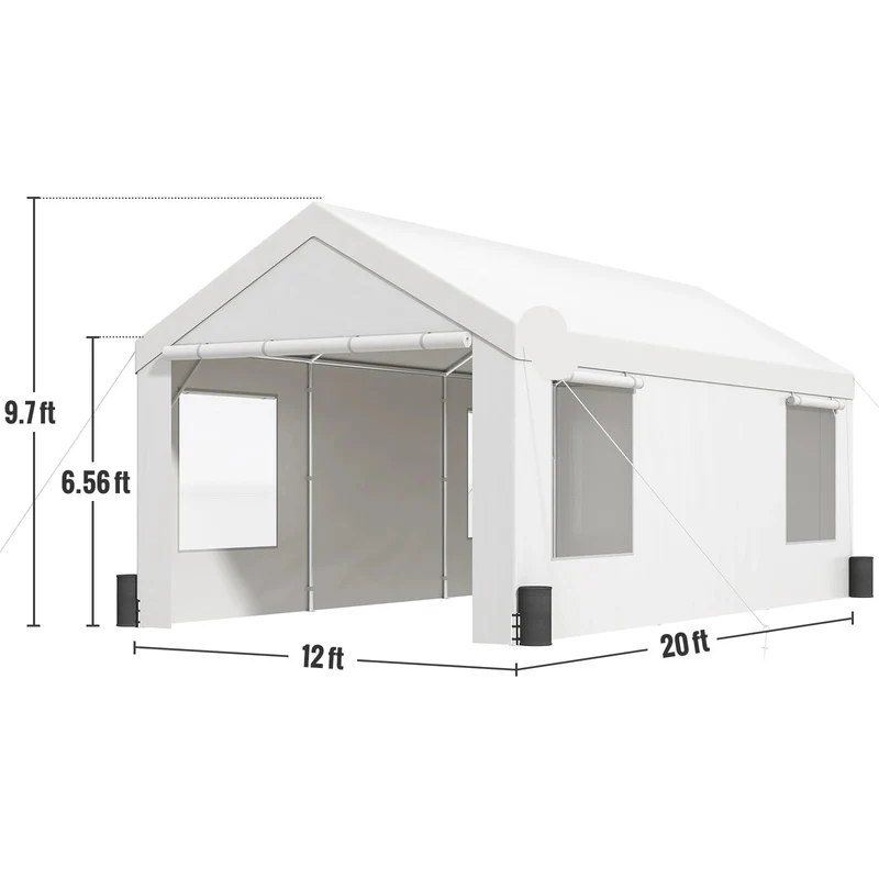 Garagetent - Partytent - Carport Tent - Tent - Vervangende Overkapping - Pickup Truck Tent - Waterdicht & UV Beschermd - 12x20FT - Tuin - Buiten Carport - Wit