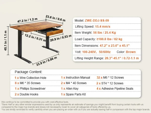 Zit-Sta Bureau - Bureautafel - Computer Tafel - Laptoptafel - Elektrisch - Hoogteverstelbaar - 47.2x23.6inch - met lade - voor Gaming en Thuiskantoor - 85kg Draagcapaciteit - Bruin