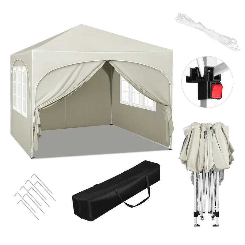 Partytent - Tent - Paviljoen - Partytenten - Easy up Partytent - 3x3m - met 4 Zijwanden - Opvouwbare - Verstelbare Hoogte - Vouwgazebo - Waterafstotend en UV-bescherming voor Tuin, Kamperen en Picknicken - Beige