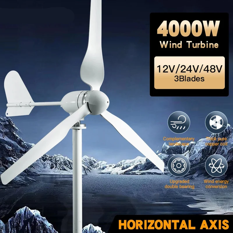 Windturbine - Windmolen - Windturbine Generator - Windenergie - 4000W - 24V - met LCD Hybride Controller - - Stille en Efficiënte 3-Bladige Oplossing - Horizontale - Geschikt voor Huishoudelijk Gebruik