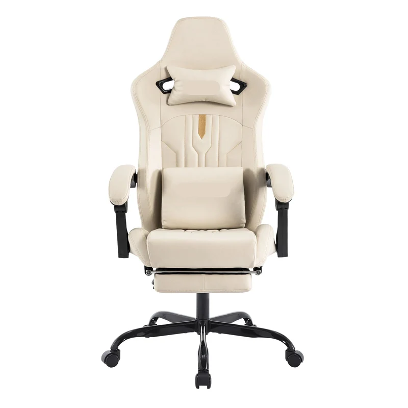 Gaming Stoel - Gamestoel - Bureaustoel - Computerstoel - Ergonomische Gaming Chair - PU Leder Bureaustoel - met Nekkussen & Verstelbaar Rugkussen - Met beensteun - voor Comfortabel Gamen en Werken - Crème