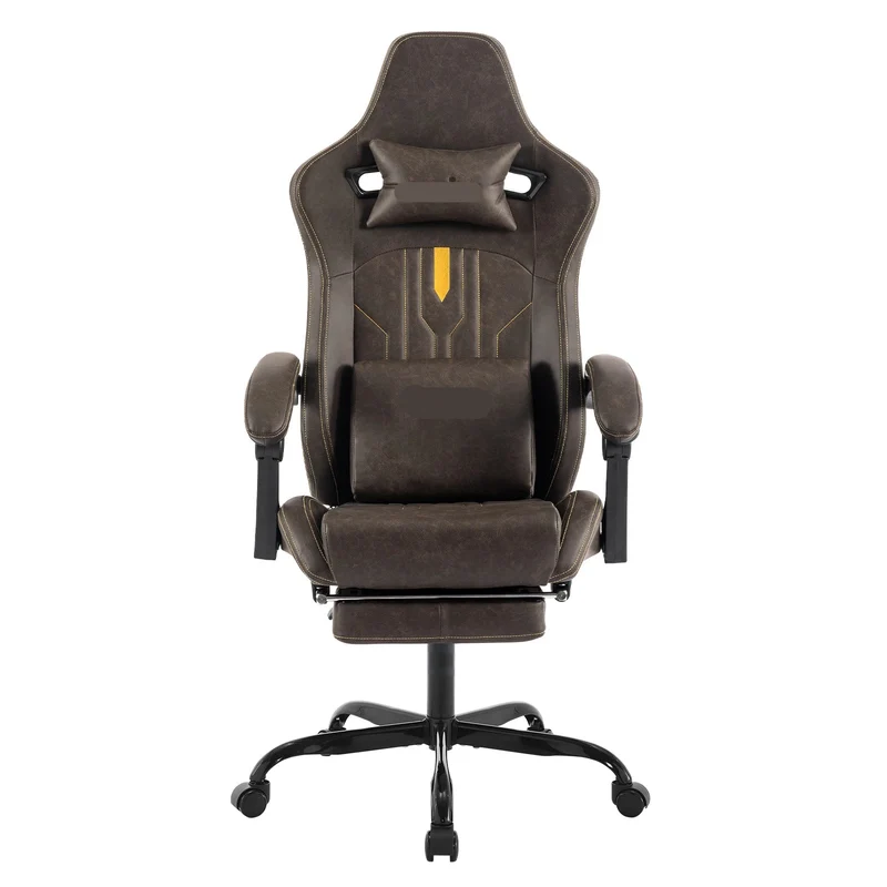 Gaming Stoel - Gamestoel - Bureaustoel - Computerstoel - Ergonomische Gaming Chair - PU Leder Bureaustoel - met Nekkussen & Verstelbaar Rugkussen - Met beensteun - voor Comfortabel Gamen en Werken - Bruin-Grijs