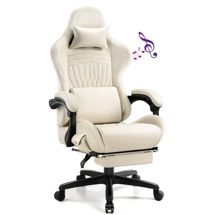 Gaming Stoel - Bureaustoel - Swivel Stoel - met Voetsteun - Hoofdsteun - Luidspreker - Verstelbare - Rugleuning - Lendenkussen - Ergonomische - Draaibare - Leer - 55 x 59 x 130 cm - Ivoor