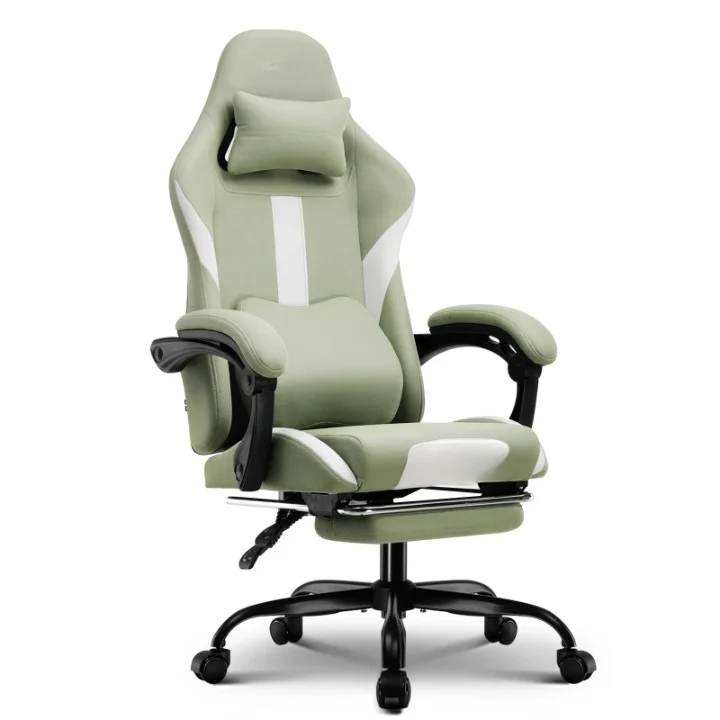 Gaming Stoel - Bureaustoel - Swivel Stoel - met Voetsteun - Hoofdsteun - Verstelbare - Rugleuning - Lendenkussen - Ergonomische - Draaibare - Hoogwaardige stof - 55 x 55 x 130 cm - Groen