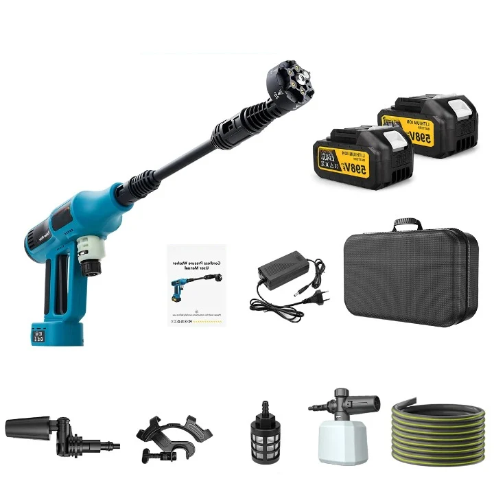 Hogedrukreiniger - Terrasreiniger - Hogedrukreiniger Accu - Elektrische Hogedrukreiniger - 250Bar - Draadloos Spuitpistool - met 2 x Accu - Draagtas - voor Auto - Tuin - Terras - 18V - Blauw