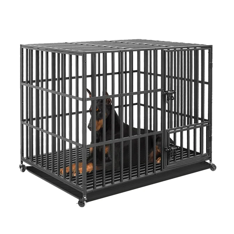 Hondenbench - Hondenkooi - Hondenkrat - Kennelbox - met Wielen - Afneembare Lade - Zwaare - Stevig - 3 Deuren Sloten - Gewichtscapaciteit 100 kg - Metaal - L - 95 x 57 x 81 cm - Zwart