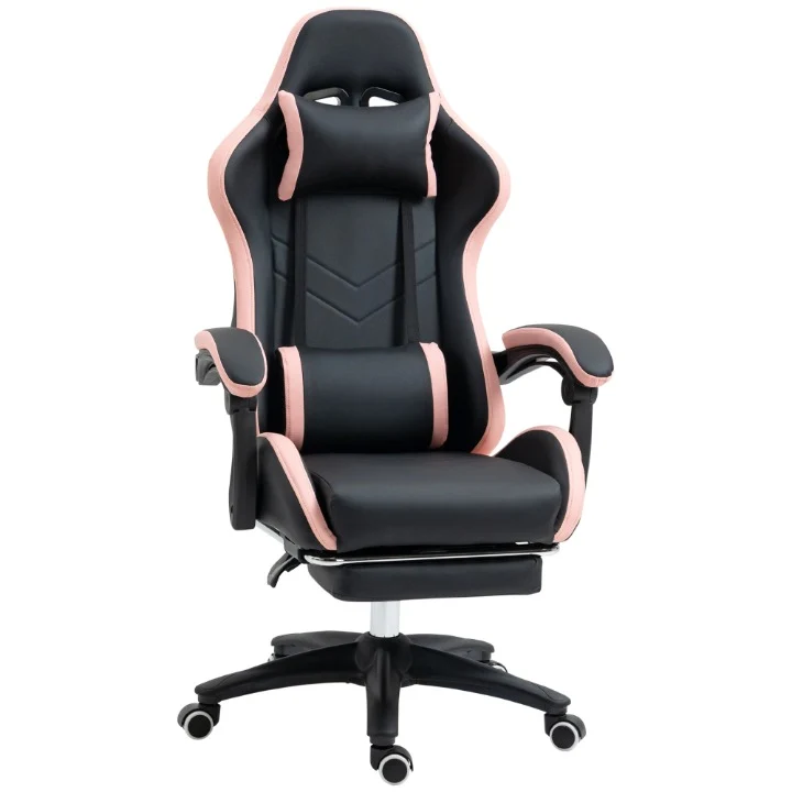 Gaming Stoel - Bureaustoel - Swivel Stoel - met Voetsteun - Hoofdsteun - Verstelbare - Rugleuning - Lendenkussen - Ergonomische - Draaibare - 65 x 65 x 121-129 cm - Zwart & Roze