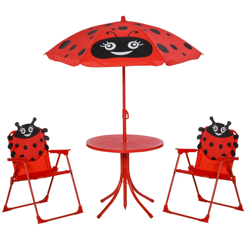 Kinder Tuinmeubelen - Kinder Tuinset - Tuintafel met Stoelen - met Verstelbare Paraplu - Opvouwbare - Stalen Tafel en Stoelen - voor Balkon - Balkonset 2 Personen - Rood