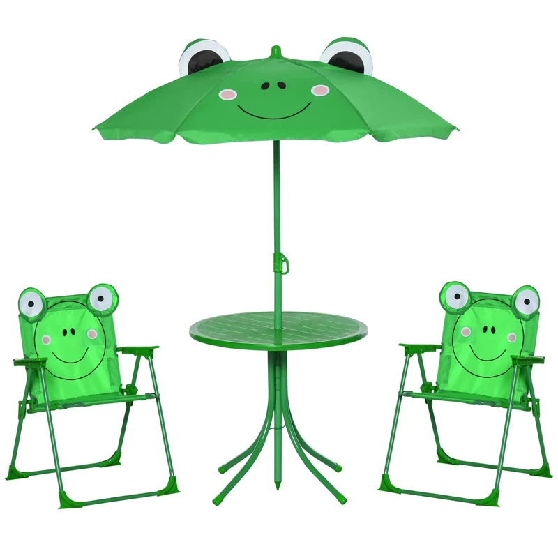 Kinder Tuinmeubelen - Kinder Tuinset - Tuintafel met Stoelen - met Verstelbare Paraplu - Opvouwbare - Stalen Tafel en Stoelen - voor Balkon - Balkonset 2 Personen - Groen
