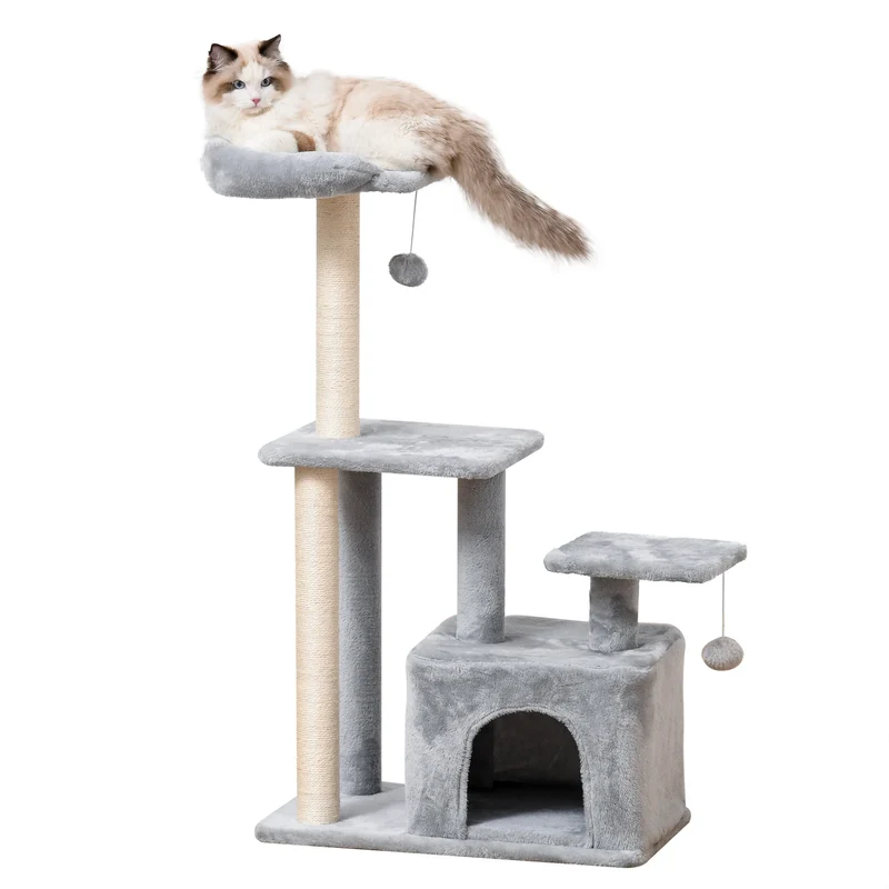 Kattenboom - Krabpaal - met Platform - Perfect voor Een Dutje Doen - Sporten - Spelen - Spaanplaat - Zacht pluche - 60 x 40 x 114 cm - Grijs