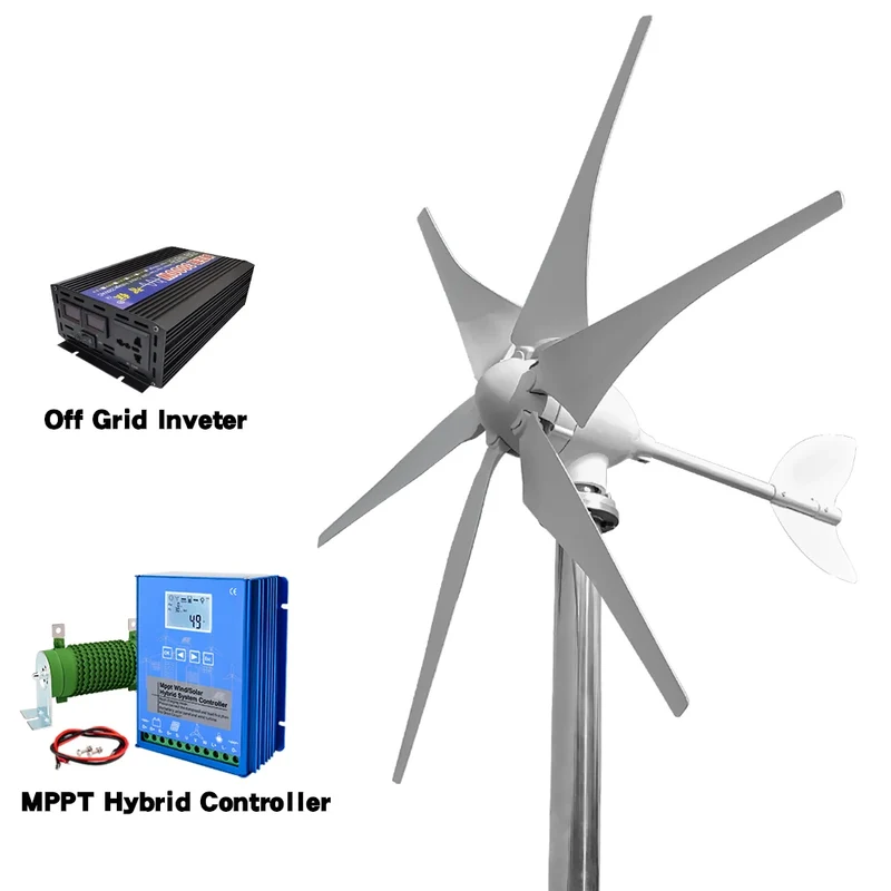 Windturbine – Windgenerator – Windmolen – Duurzame Energie – 3000W – Hybride Zonnestroom – Off-Grid Energie – Fiberglass Bladen – IP54 Beschermd - 48V - Met Invertersysteem