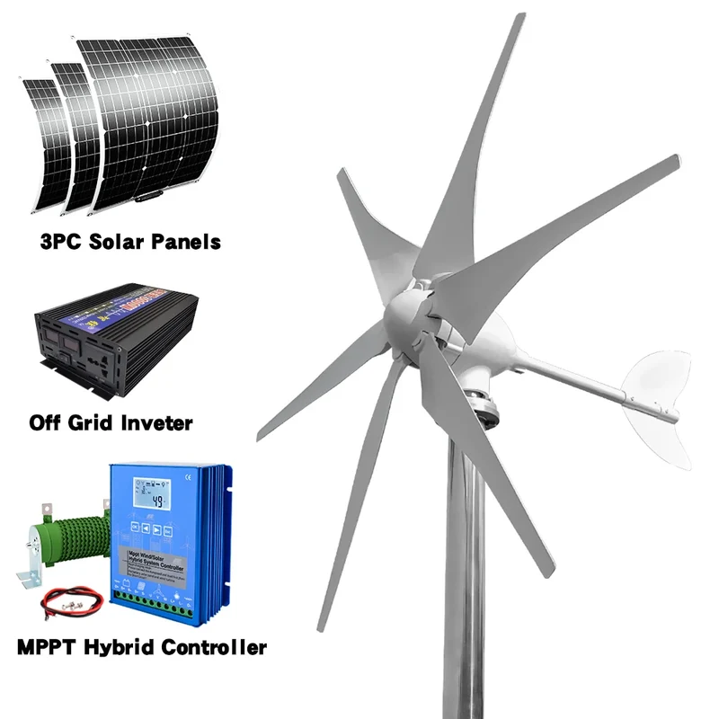 Windturbine – Windgenerator – Windmolen – Duurzame Energie – 3000W – Hybride Zonnestroom – Off-Grid Energie – Fiberglass Bladen – IP54 Beschermd - 48V - Met Zonnestelsel