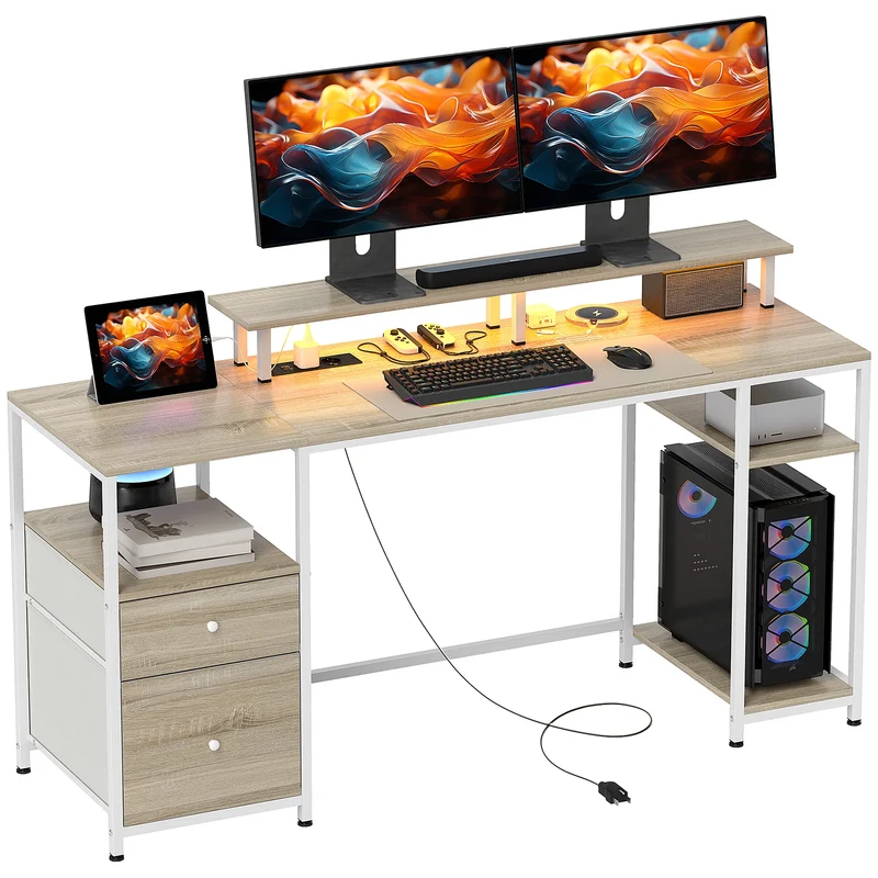 Bureau - Bureautafel - Computerbureau - Kantoor Tafel - Werktafel - 155,5x48x75,5cm - met Monitorstand - USB-poorten - en Stopcontacten - Natuurlijk Houtlook - en Wit