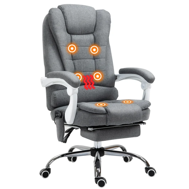 Bureaustoel - Kantoorstoel - Massagestoel - Loungestoel - met 6 Massagepunten - Verstelbare Rugleuning - Ergonomische Stoel - met Voetsteun - 120kg Draagvermogen – Grijs – Verstelbare Hoogte – Warmtefunctie