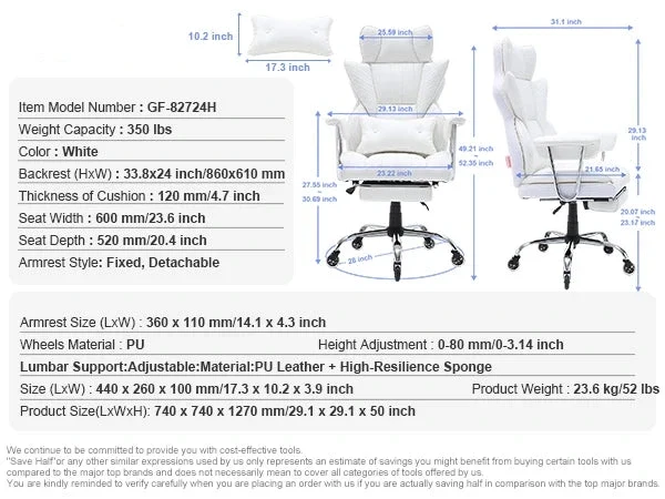 Ergonomische Bureaustoel - Executive Stoel - Gamingstoel - Kantoorstoel - Stoelen - 350lbs met Voetsteun - Verstelbare Lendensteun - Hoog Rugpand - Luxe PU Lederen - Extra Dikke Zitting - Voor Thuiswerk - Kantoor - Wit