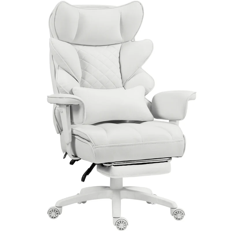 Ergonomische Bureaustoel - Loungestoel - Gamingstoel - met Pocketvering - en Lendensteun - Verstelbare Hoge Rugleuning - Comfortabele Kantoorstoel - met Armleuningen - Draai- en Roldesign - Voor Gaming & Thuiswerken - Wit Stof