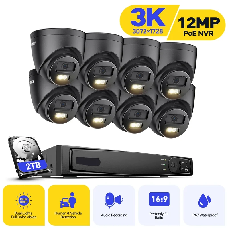 Beveiligingscamera - Camerabewaking - Beveiligingscamerasysteem - 8 Kanalen - 4K CCTV Systeem - IP Camera met Geluid - PoE IP Camera - Nachtzicht - 8 Camera's - voor Binnen en Buiten - Ingebouwde HDD: Geen