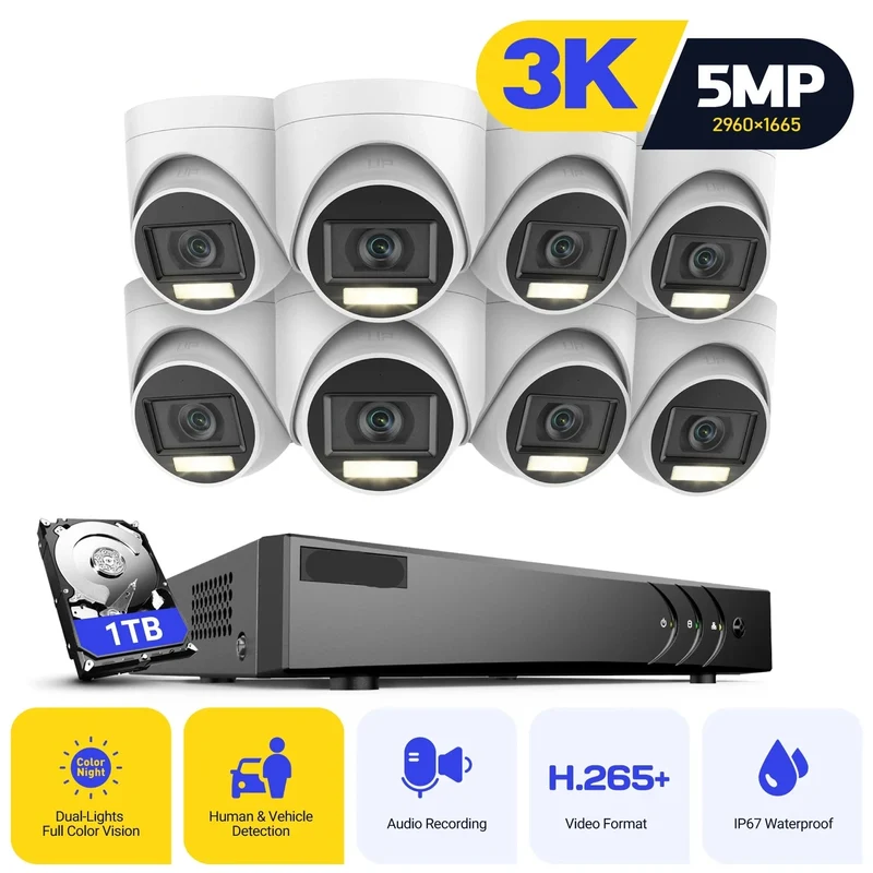 Beveiligingscamerasysteem - Camerabewaking - Beveiligingscamera - 8 Kanaals - 5-in-1 - 8 Camera's - Nachtzicht & Audio - via Coaxiale Kabel - Thuisbewaking Systeem - voor Binnen en Buiten - Ingebouwde HDD: 2T