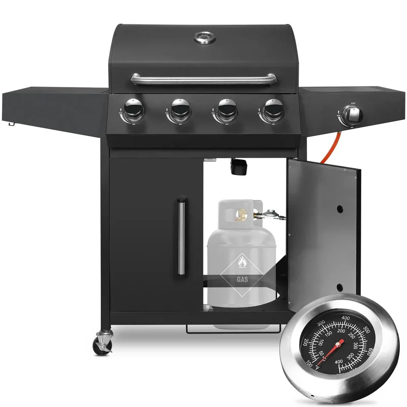 Gasbarbecue - BBQ-grill - Rookloze Barbecue - met Zijbrander - RVS Paneel - Thermometer - Groot Kookoppervlak - 52,000 BTU - 135 x 44 x 136 cm - Zwart