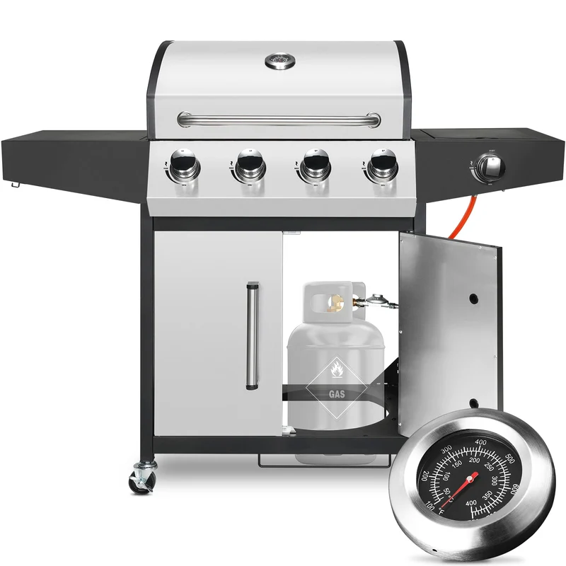 Gasbarbecue - BBQ-grill - Rookloze Barbecue - met Zijbrander - RVS Paneel - Thermometer - Groot Kookoppervlak - 52,000 BTU - 135 x 44 x 136 cm - Zilver