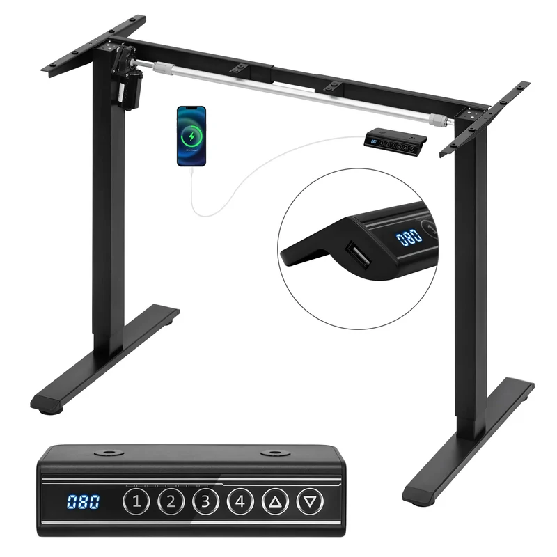 Bureauframe - Elektrisch Sta-bureaubeugel - Hefbureauframe - Verstelbaar - met USB-oplaadpoort - Geheugenbediening - voor Thuiskantoor - 29V - 60 x 135 x 120 cm - Zwart