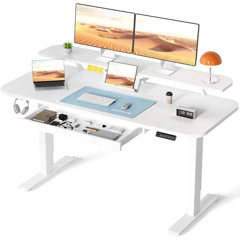 Zit-Sta Bureau - Bureau - Computerbureau - Kantoor Tafel - Werktafel - Verstelbaar - Elektrisch - 120x60cm - Monitorstandaard - Geheugenfunctie - Lade en Tabletstandaard - Ergonomisch - Wit