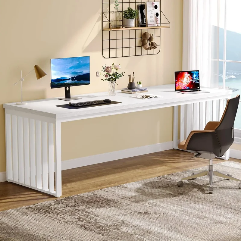 Bureau - Computerbureau - Kantoor Tafel - Werktafel - 180x60cm - Metaal Frame - Rechthoekig - voor Thuiswerkplek - Vergadertafel - Robuust - Wit