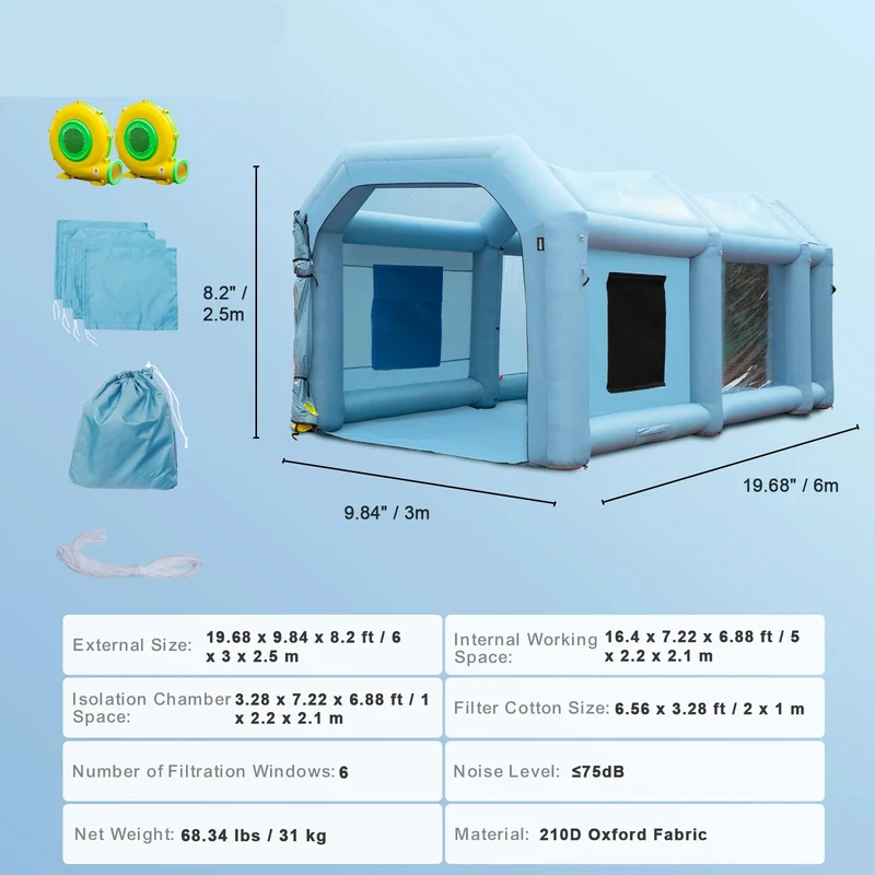 Spuitcabine - Verftent - Opblaasbare Verf Spuiterij - Verfcabine - 6x3x2.5m - 31kg - Krachtige Spray Booth met Blowers – Autospuit Tent met Luchtfiltersysteem