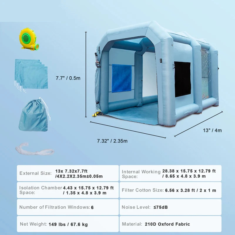 Spuitcabine - Verftent - Opblaasbare Verf Spuiterij - Verfcabine - 4x2.2x2.35m - 25KG - Krachtige Spray Booth met Blowers – Autospuit Tent met Luchtfiltersysteem