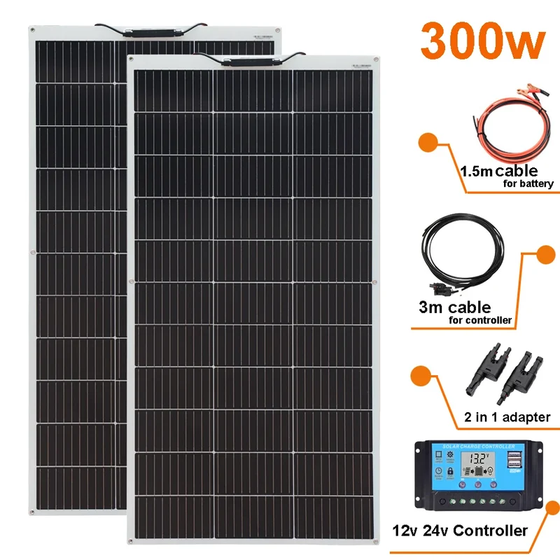 Zonnepaneel - Zonnepanelen - Monokristallijn - Flexibel - Buigzaam - Waterdicht - 300W - 2 Stuks Kit - voor Dak - Camper - Boot - Caravan - Off-grid Systeem