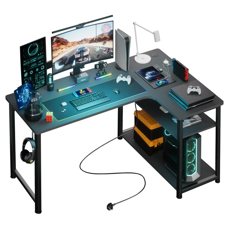 Game Bureau - Bureau - Hoekbureau - Game Bureau - 120cm L-vormige Computertafel - met USB Oplaadpoort & Stopcontact - Gaming Bureau - met Opbergrek - Zwart