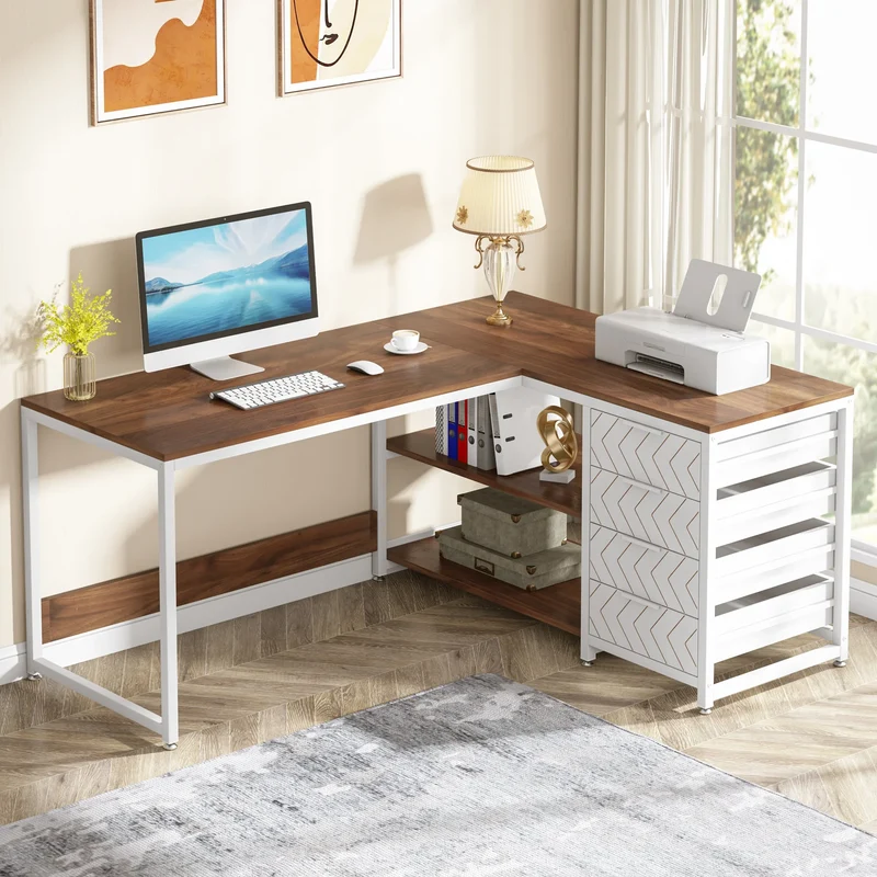 Game Bureau - Bureau - Hoekbureau - Game Bureau - 59" - L-vormige Computertafel - met Opberglades - Reversibel Kantoor- & Studiobureau - met Planken - Wit