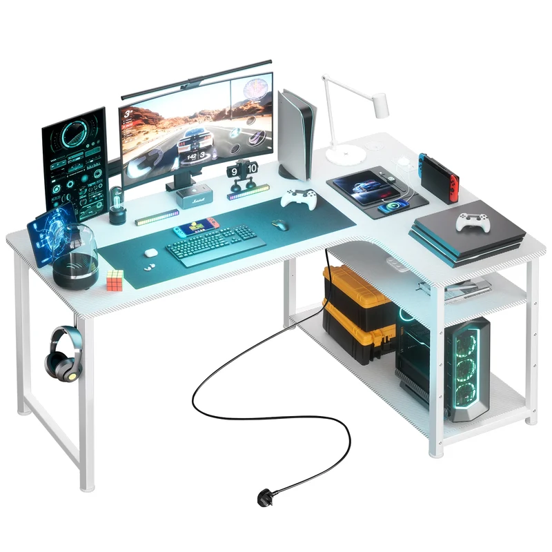 Game Bureau - Bureau - Hoekbureau - Game Bureau - 120cm L-vormige Computertafel - met USB Oplaadpoort & Stopcontact - Gaming Bureau - met Opbergrek - Wit