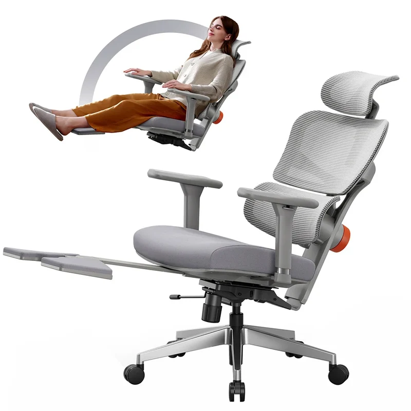 Ergonomische Bureaustoel – Comfortabele Stoel – Bureaustoel Met Lendensteun – Verstelbare Rugleuning – 4D Armleuningen – Traagschuim – Uitschuifbare Voetsteun - Grijs